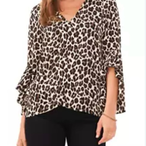 Vince Camuto Brown and Cream Bell Sleeve Blouse with Relaxed Fit - Picture 1 of 10